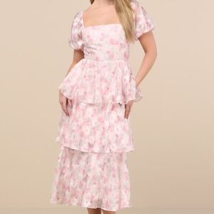 Lulus Serah Blush Floral Organza Tiered Midi Dress Pink - Size S